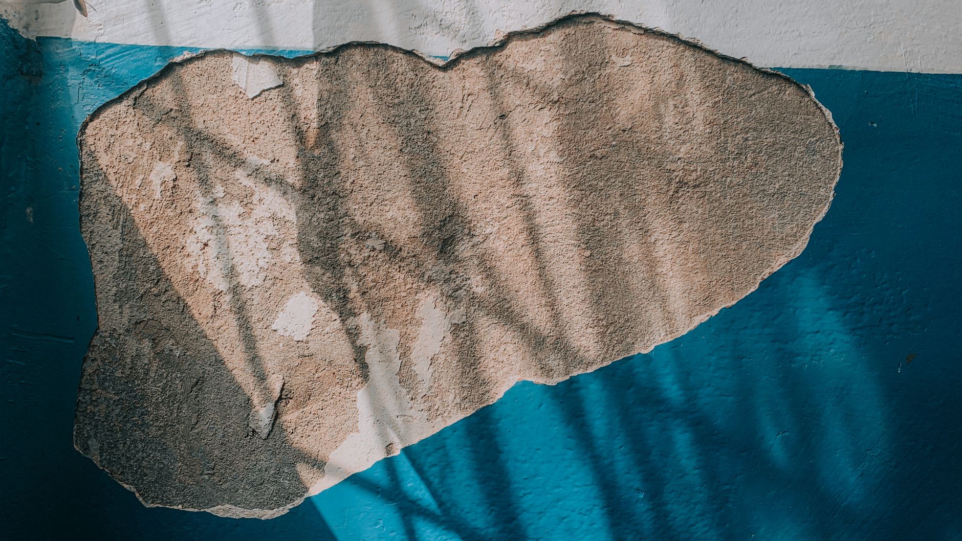 Detailed view of a wall with peeling blue paint and exposed plaster, showing textures and shadows.