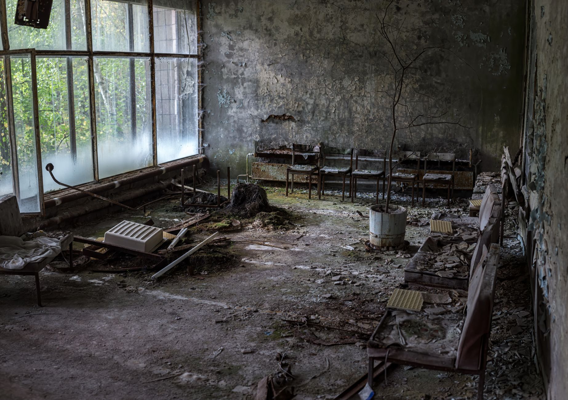 Desolate room in Pryp'yat, Ukraine, showcasing decay and nature reclaiming space.